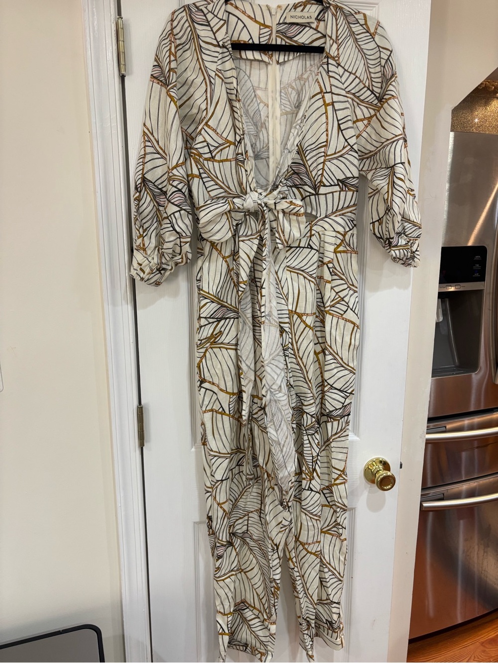 NICHOLAS Cream Leaf-Print Tie-Front Long Sleeve Jumpsuit